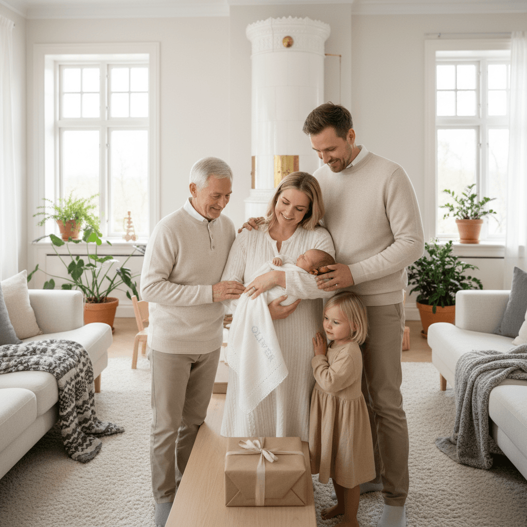 A new baby boy dressed in white, holding a personalized gift, surrounded by loving family members in a bright Scandinavian living room.