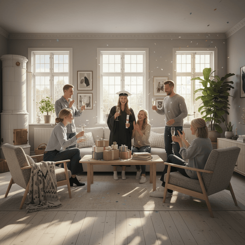 A celebration of graduation in a cozy Scandinavian living room, with gifts and happy faces, bright sunlight streaming through the windows.
