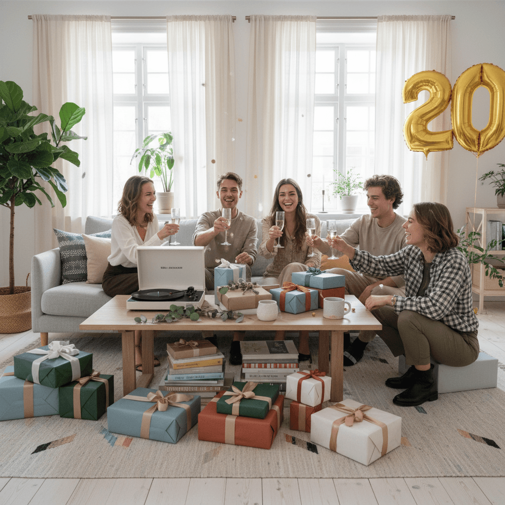 A 20th birthday celebration with stylish gifts, bright Scandinavian interior, and joyful ambiance.