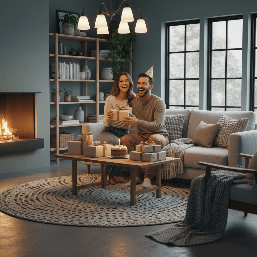 A happy couple celebrating a birthday in a cozy Scandinavian living room, warm light illuminating personalized gifts on a table.