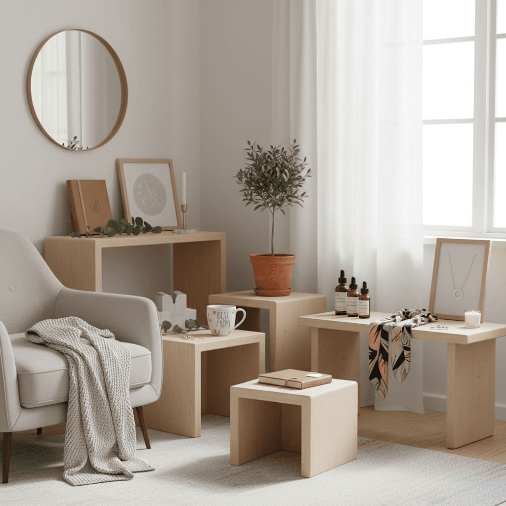 A beautiful collection of unique and personal gifts for mothers, displayed elegantly in a bright Scandinavian setting, featuring soft natural lighting.